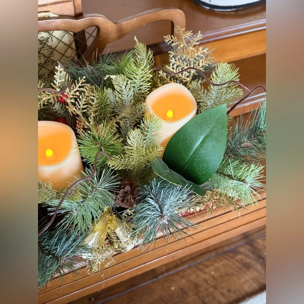 XL 25”  Festive Holiday Candle Gold Centerpiece with Greenery - Home Holiday